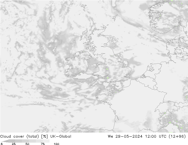 Cloud cover (total) UK-Global We 29.05.2024 12 UTC