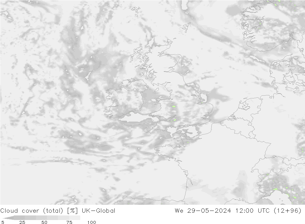 Bewolking (Totaal) UK-Global wo 29.05.2024 12 UTC