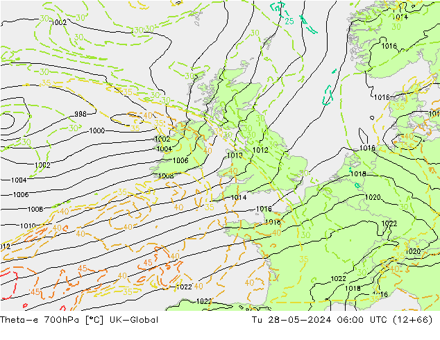 Theta-e 700hPa UK-Global  28.05.2024 06 UTC