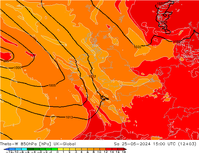 Theta-W 850hPa UK-Global za 25.05.2024 15 UTC