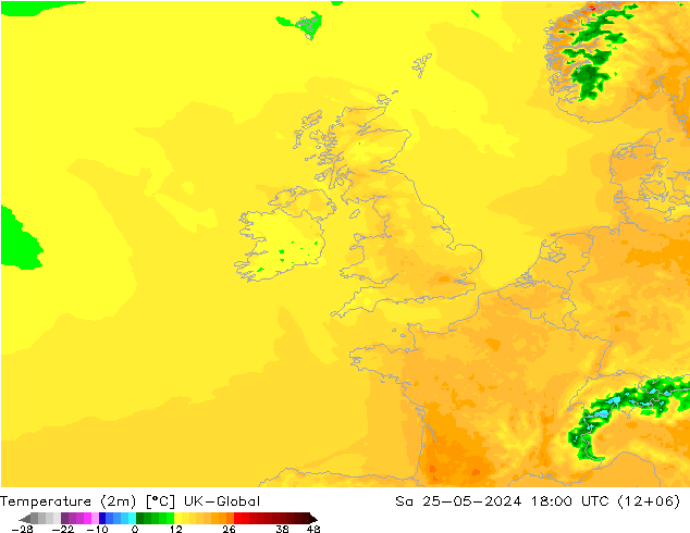 mapa temperatury (2m) UK-Global so. 25.05.2024 18 UTC