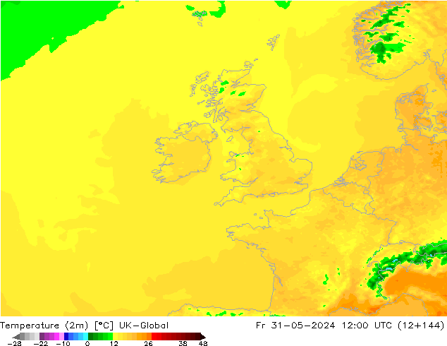 Temperature (2m) UK-Global Fr 31.05.2024 12 UTC