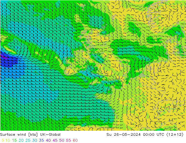 Viento 10 m UK-Global dom 26.05.2024 00 UTC