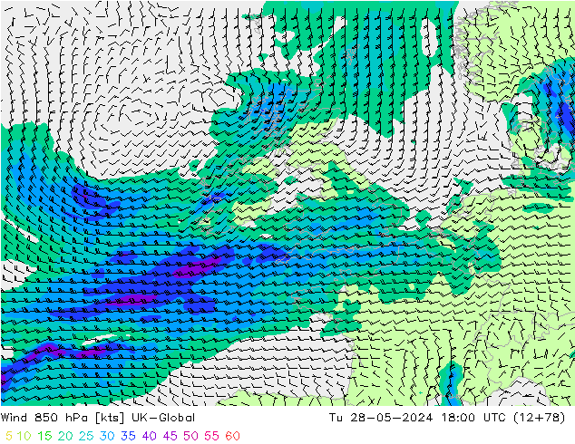 Wind 850 hPa UK-Global Tu 28.05.2024 18 UTC