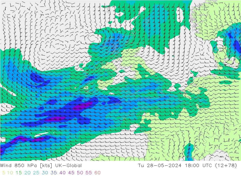 wiatr 850 hPa UK-Global wto. 28.05.2024 18 UTC