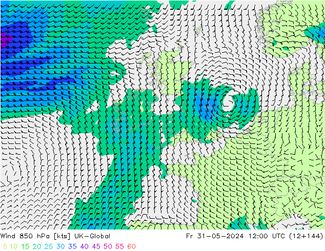 Wind 850 hPa UK-Global vr 31.05.2024 12 UTC