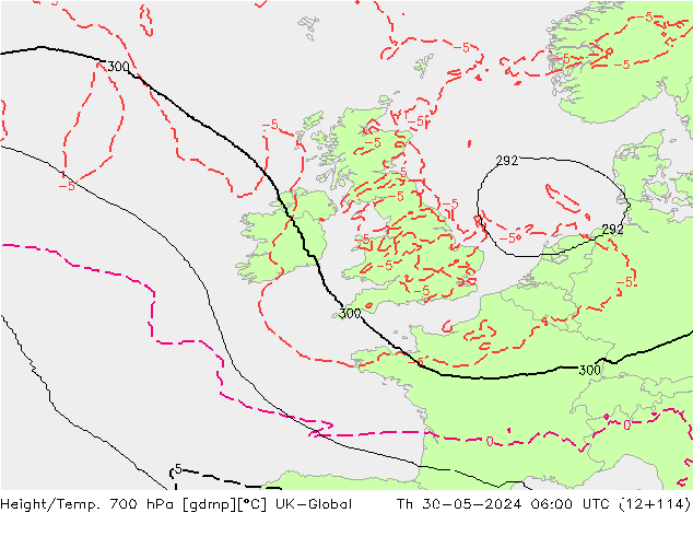 Height/Temp. 700 hPa UK-Global Th 30.05.2024 06 UTC