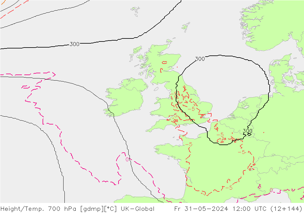 Hoogte/Temp. 700 hPa UK-Global vr 31.05.2024 12 UTC