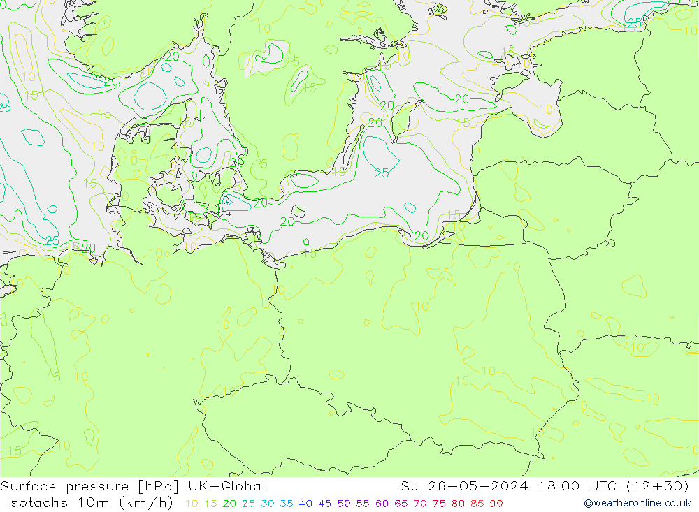 Isotachen (km/h) UK-Global So 26.05.2024 18 UTC