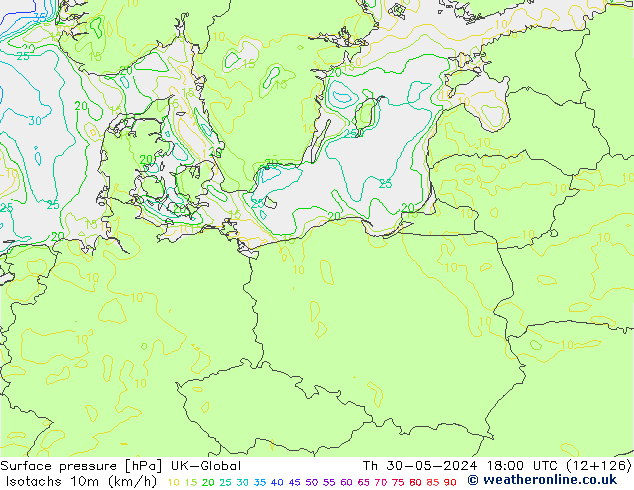 Isotachs (kph) UK-Global Th 30.05.2024 18 UTC