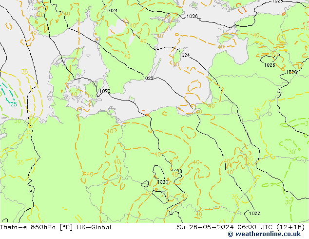 Theta-e 850hPa UK-Global dim 26.05.2024 06 UTC