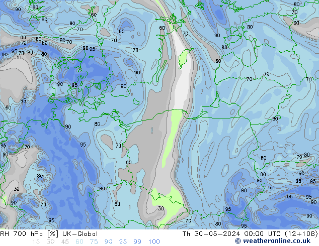 RH 700 hPa UK-Global Th 30.05.2024 00 UTC