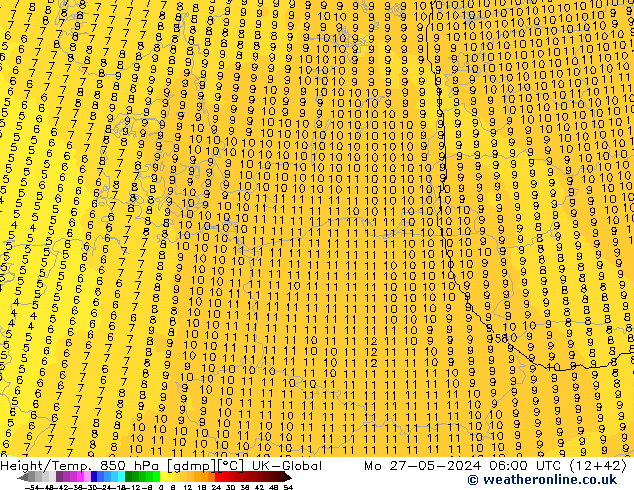 Height/Temp. 850 hPa UK-Global Mo 27.05.2024 06 UTC