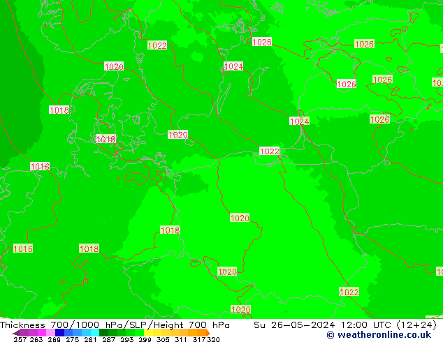 Thck 700-1000 hPa UK-Global Su 26.05.2024 12 UTC