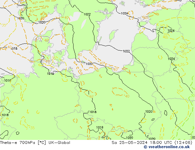 Theta-e 700hPa UK-Global sab 25.05.2024 18 UTC