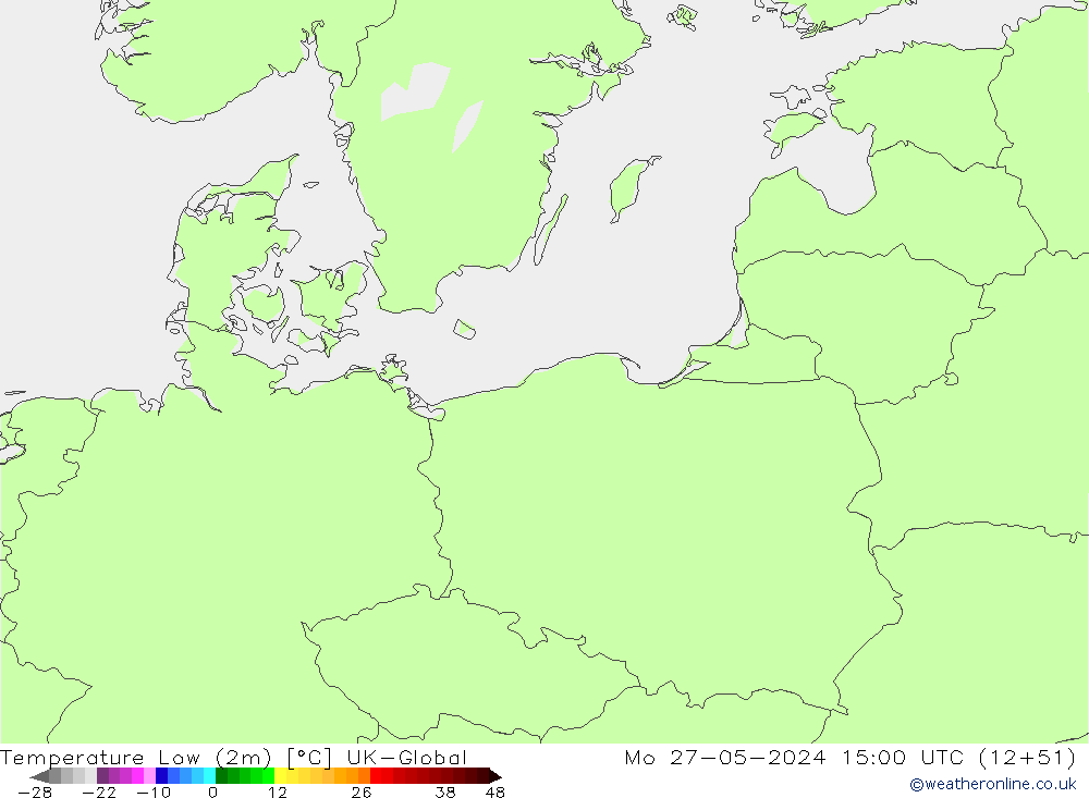 temperatura mín. (2m) UK-Global Seg 27.05.2024 15 UTC