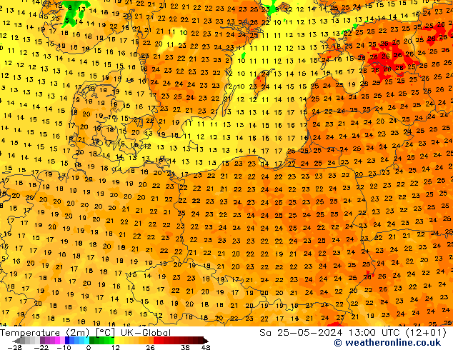 température (2m) UK-Global sam 25.05.2024 13 UTC