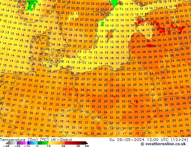 Temperatuurkaart (2m) UK-Global zo 26.05.2024 12 UTC