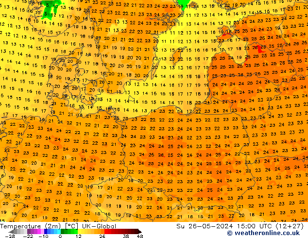 Temperatura (2m) UK-Global dom 26.05.2024 15 UTC