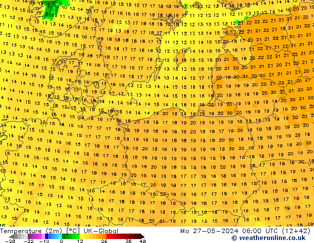 Temperatuurkaart (2m) UK-Global ma 27.05.2024 06 UTC