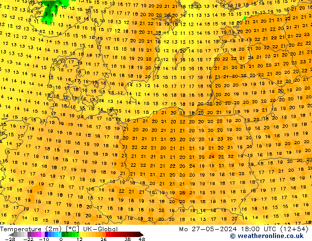 Temperature (2m) UK-Global Mo 27.05.2024 18 UTC