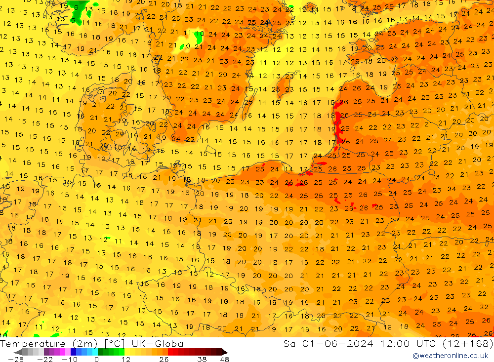 Temperature (2m) UK-Global So 01.06.2024 12 UTC