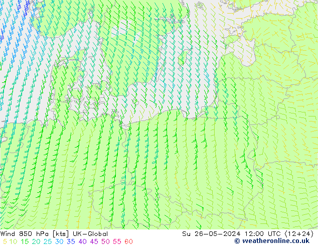 Wind 850 hPa UK-Global So 26.05.2024 12 UTC