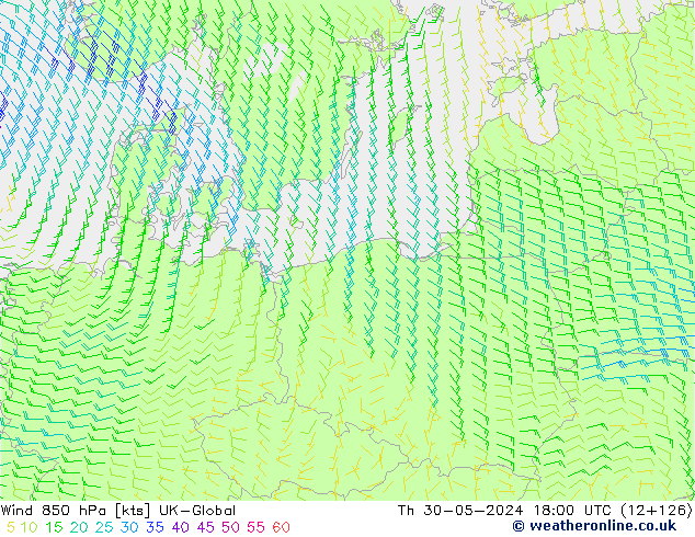 wiatr 850 hPa UK-Global czw. 30.05.2024 18 UTC