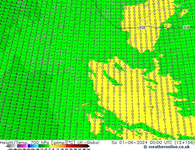 Height/Temp. 700 hPa UK-Global Sa 01.06.2024 00 UTC