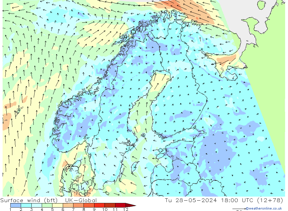 Surface wind (bft) UK-Global Tu 28.05.2024 18 UTC