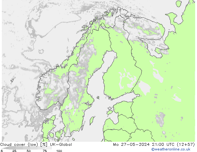 Cloud cover (low) UK-Global Mo 27.05.2024 21 UTC