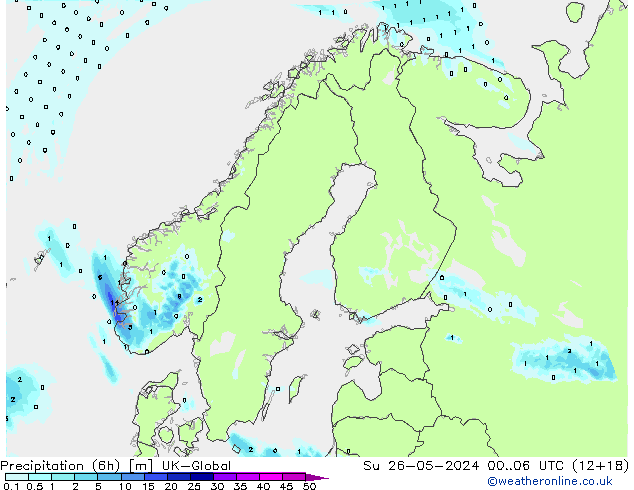 Precipitation (6h) UK-Global Su 26.05.2024 06 UTC