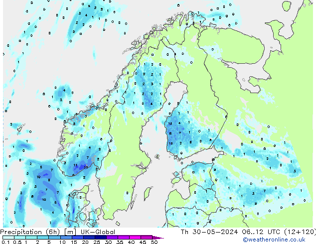 Precipitación (6h) UK-Global jue 30.05.2024 12 UTC