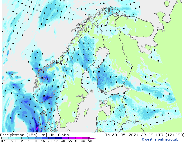 Précipitation (12h) UK-Global jeu 30.05.2024 12 UTC