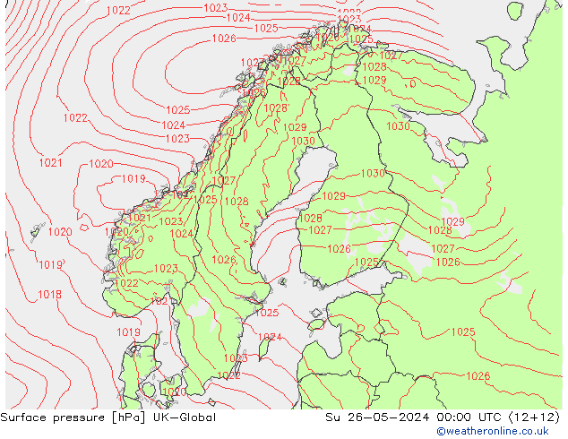 Pressione al suolo UK-Global dom 26.05.2024 00 UTC