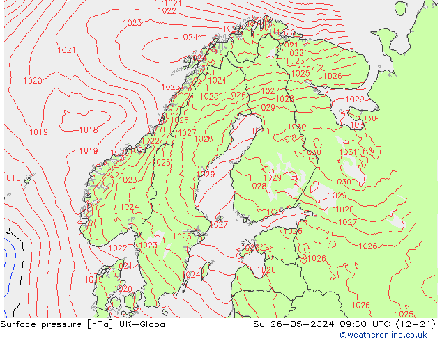 Presión superficial UK-Global dom 26.05.2024 09 UTC