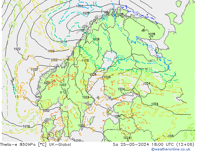 Theta-e 850hPa UK-Global Sa 25.05.2024 18 UTC