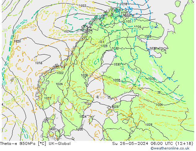 Theta-e 850hPa UK-Global Su 26.05.2024 06 UTC