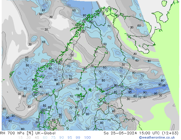 Humidité rel. 700 hPa UK-Global sam 25.05.2024 15 UTC