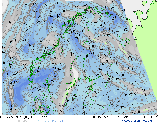 RH 700 гПа UK-Global чт 30.05.2024 12 UTC