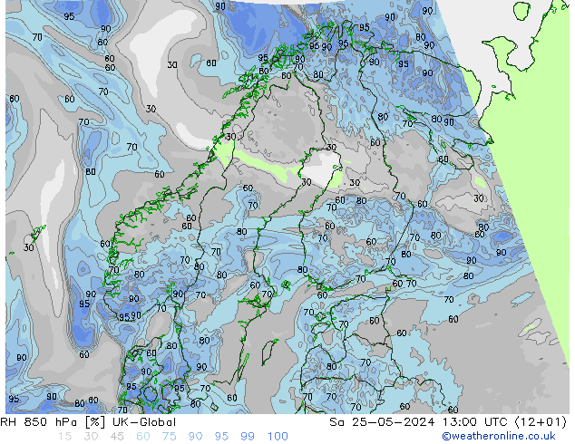 RH 850 hPa UK-Global Sa 25.05.2024 13 UTC