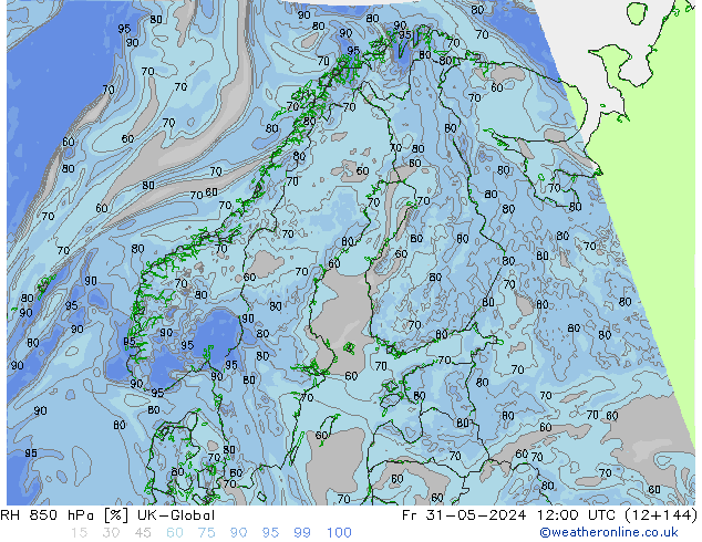 RH 850 гПа UK-Global пт 31.05.2024 12 UTC