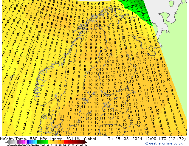 Hoogte/Temp. 850 hPa UK-Global di 28.05.2024 12 UTC