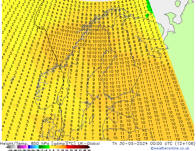 Height/Temp. 850 hPa UK-Global Qui 30.05.2024 00 UTC