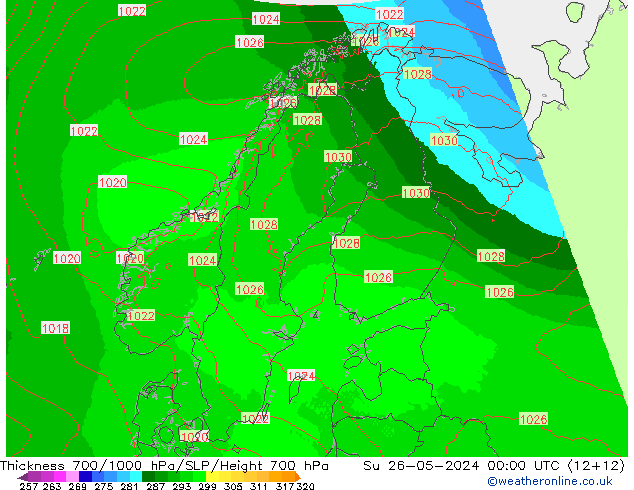 Thck 700-1000 hPa UK-Global Su 26.05.2024 00 UTC