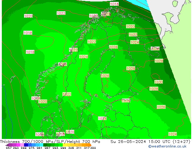 Thck 700-1000 гПа UK-Global Вс 26.05.2024 15 UTC