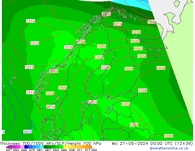 700-1000 hPa Kalınlığı UK-Global Pzt 27.05.2024 00 UTC