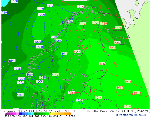 Espesor 700-1000 hPa UK-Global jue 30.05.2024 12 UTC