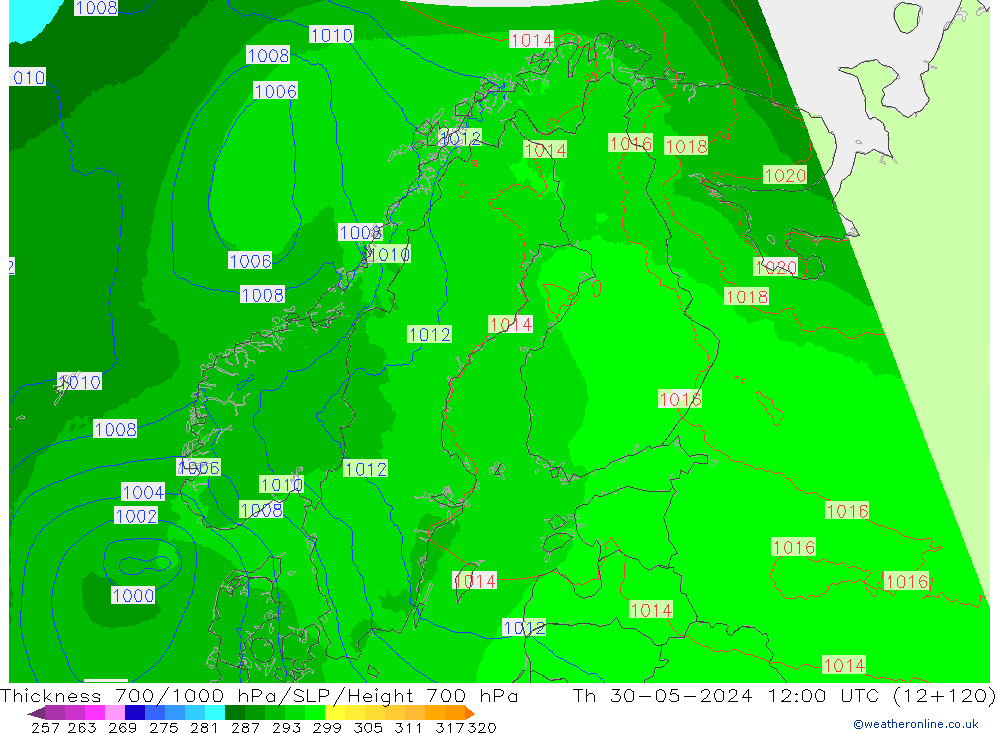 Espesor 700-1000 hPa UK-Global jue 30.05.2024 12 UTC