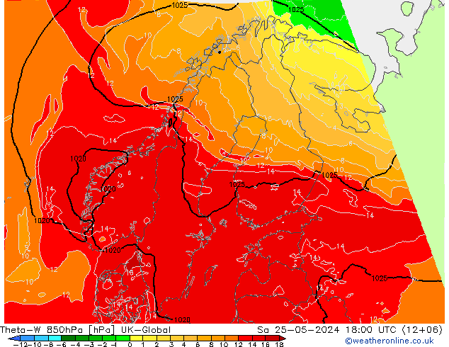Theta-W 850hPa UK-Global za 25.05.2024 18 UTC